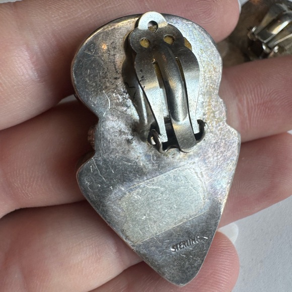 Elegant Sterling Silver Green Abalone and Black Onyx Clip Earrings 26.6g - Picture 10 of 15